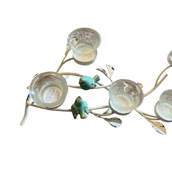 Metal Branch Centerpiece Candle Holder Blue Birds White Patina Whimsical Cottage - Picture 5 of 8